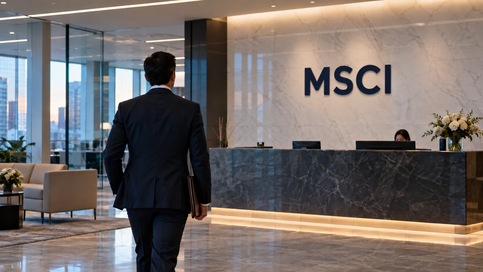 Ilustración editorial generada con IA: el lobby de recepción de una oficina de MSCI en Nueva York, con las letras MSCI en la pared y un ejecutivo de espaldas que camina con una carpeta; composición conceptual, no es una fotografía de un lugar real.