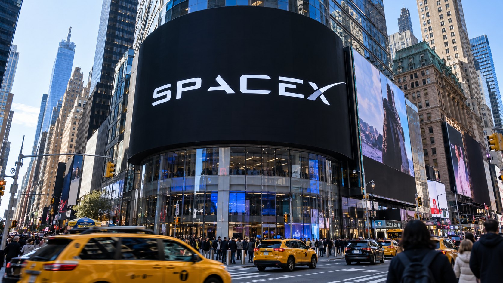 Ilustración editorial generada con IA: la gran pantalla curva de un edificio de Times Square, en Nueva York, con el logotipo de SpaceX, taxis amarillos y peatones de espaldas; composición conceptual, no es una fotografía de un hecho real.