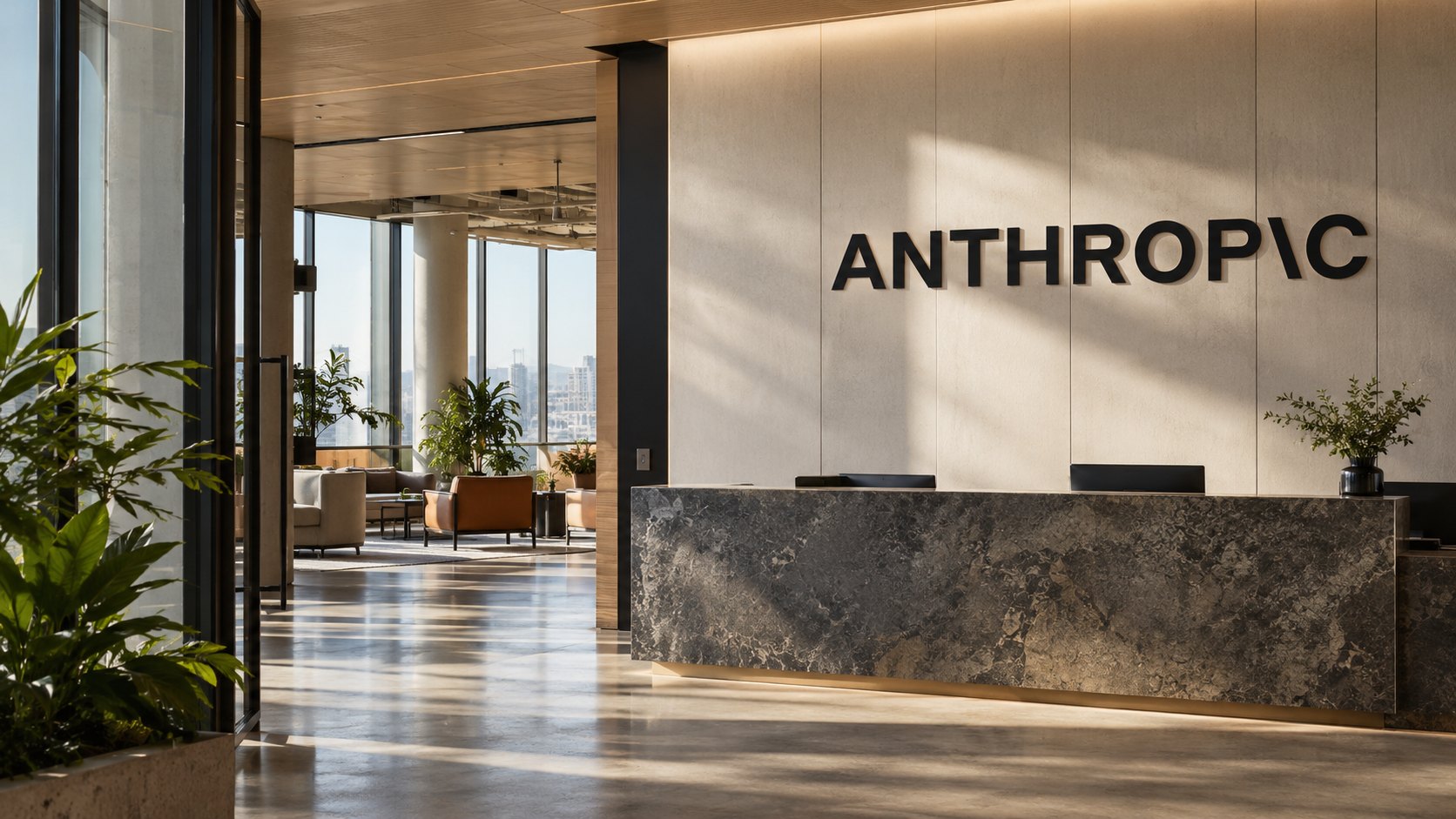 Ilustración editorial generada con IA: el lobby de una oficina de Anthropic con el nombre de la empresa en la pared detrás de la recepción, con luz de mañana; composición conceptual, no es una fotografía de un hecho real.