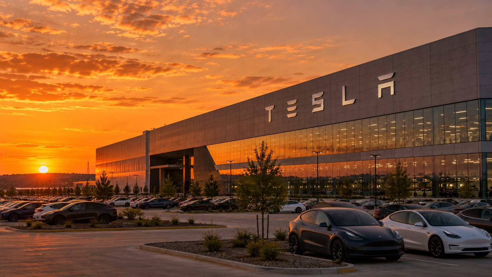 Ilustración editorial generada con IA: una fábrica de Tesla inspirada en Gigafactory Texas, con el nombre de la empresa en la fachada y autos Tesla en el estacionamiento al atardecer; composición conceptual, no es una fotografía de la planta real.