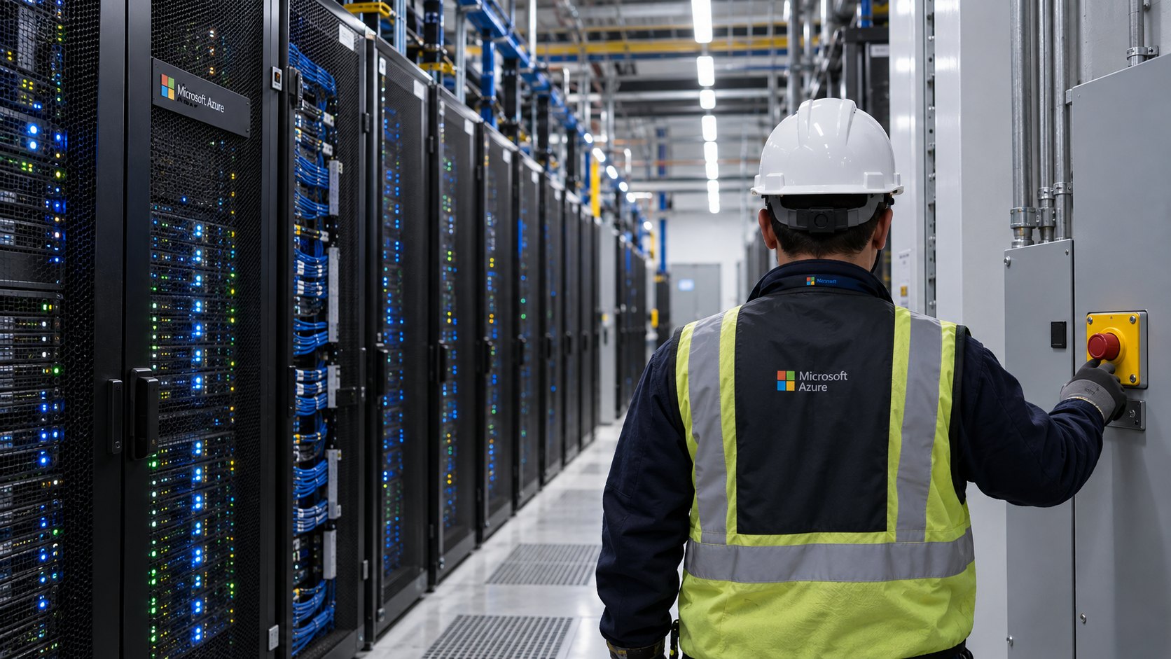 Ilustración editorial generada con IA: un técnico de espaldas, con casco y chaleco con la marca Microsoft Azure, junto a un interruptor rojo de parada de emergencia en un pasillo de racks de servidores; composición conceptual, no es una fotografía de un centro de datos real.