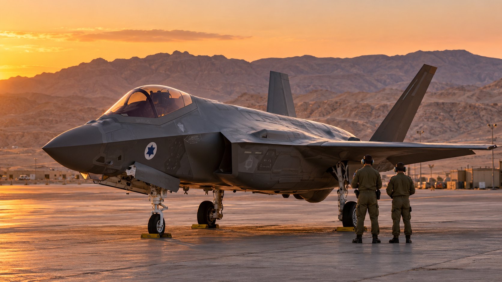 Ilustración editorial generada con IA: un caza furtivo F-35 estacionado en la plataforma de una base aérea en el desierto del Néguev al atardecer, con personal militar de espaldas; composición conceptual, no es una fotografía de la base de Ovda ni de la reunión con Hegseth.