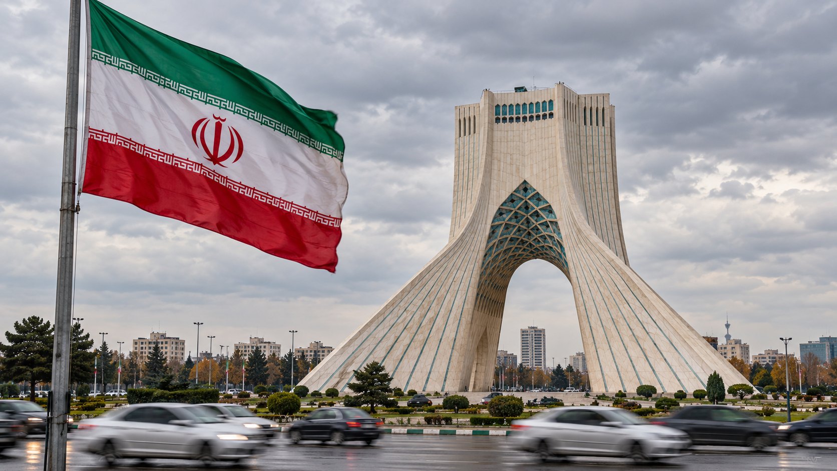 Ilustración editorial generada con IA: la Torre Azadi de Teherán bajo un cielo nublado, con una bandera de Irán en primer plano; composición conceptual, no es una fotografía de un hecho real.