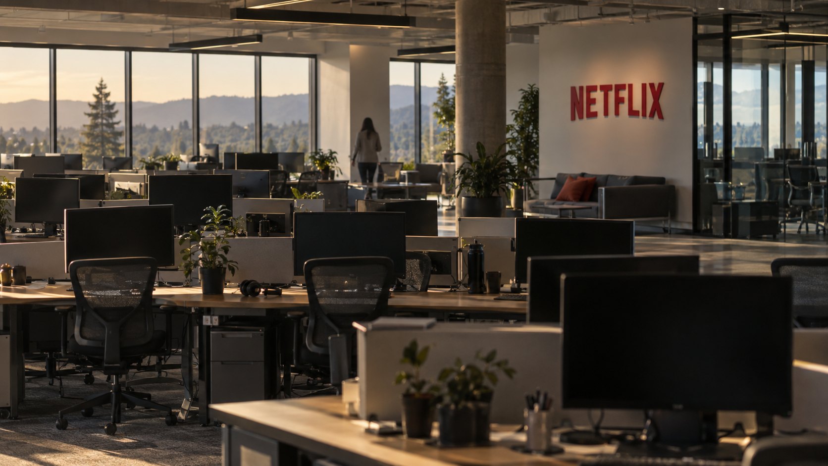 Ilustración editorial generada con IA: una planta de oficinas con escritorios y sillas vacíos, monitores apagados y el logotipo rojo de Netflix en una pared, con una sola persona de espaldas al fondo y luz de atardecer; composición conceptual, no es una fotografía de las oficinas reales.