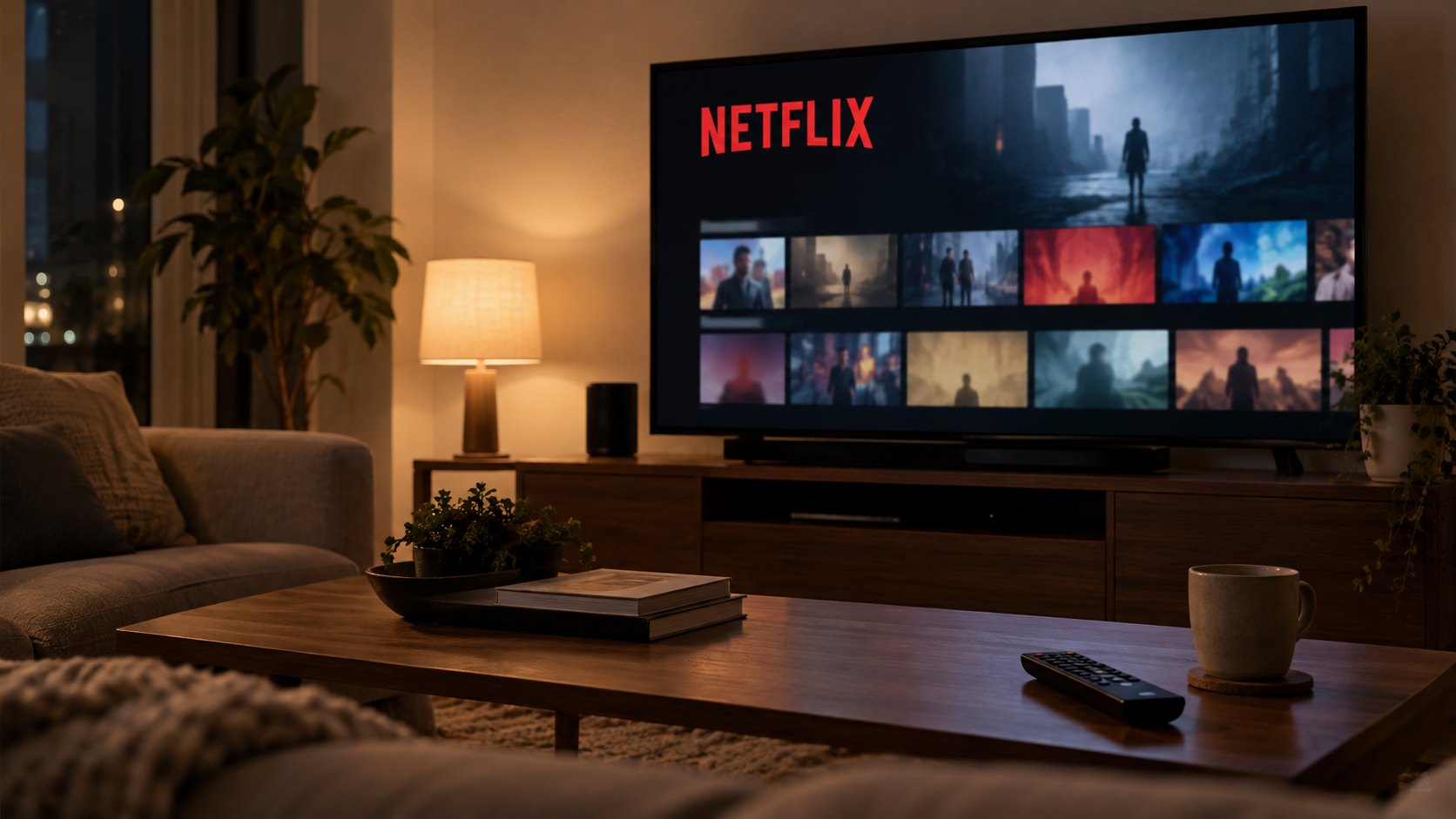 Ilustración editorial generada con IA: un living a media luz con un televisor encendido en la pantalla de inicio de Netflix, un control remoto y una taza sobre la mesa ratona y nadie mirando; composición conceptual, no es una captura real del servicio.