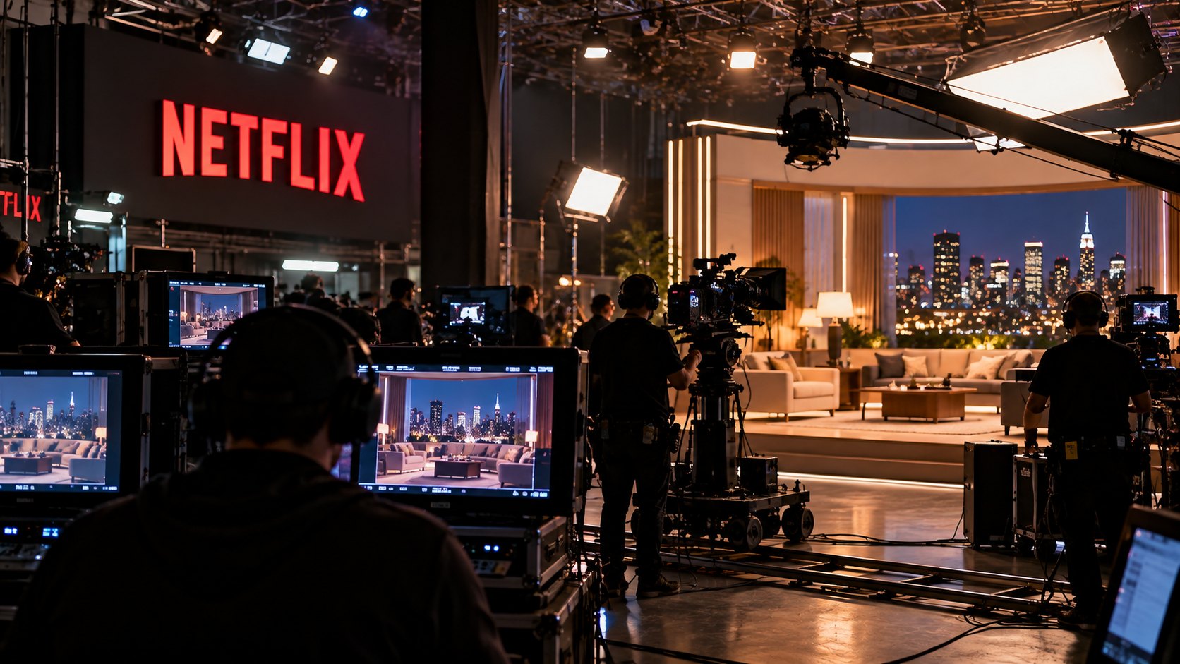 Ilustración editorial generada con IA: un estudio de televisión con un set iluminado, cámaras y grúas, técnicos de espaldas frente a monitores y un cartel con la marca Netflix; composición conceptual, no es una fotografía de una producción real.