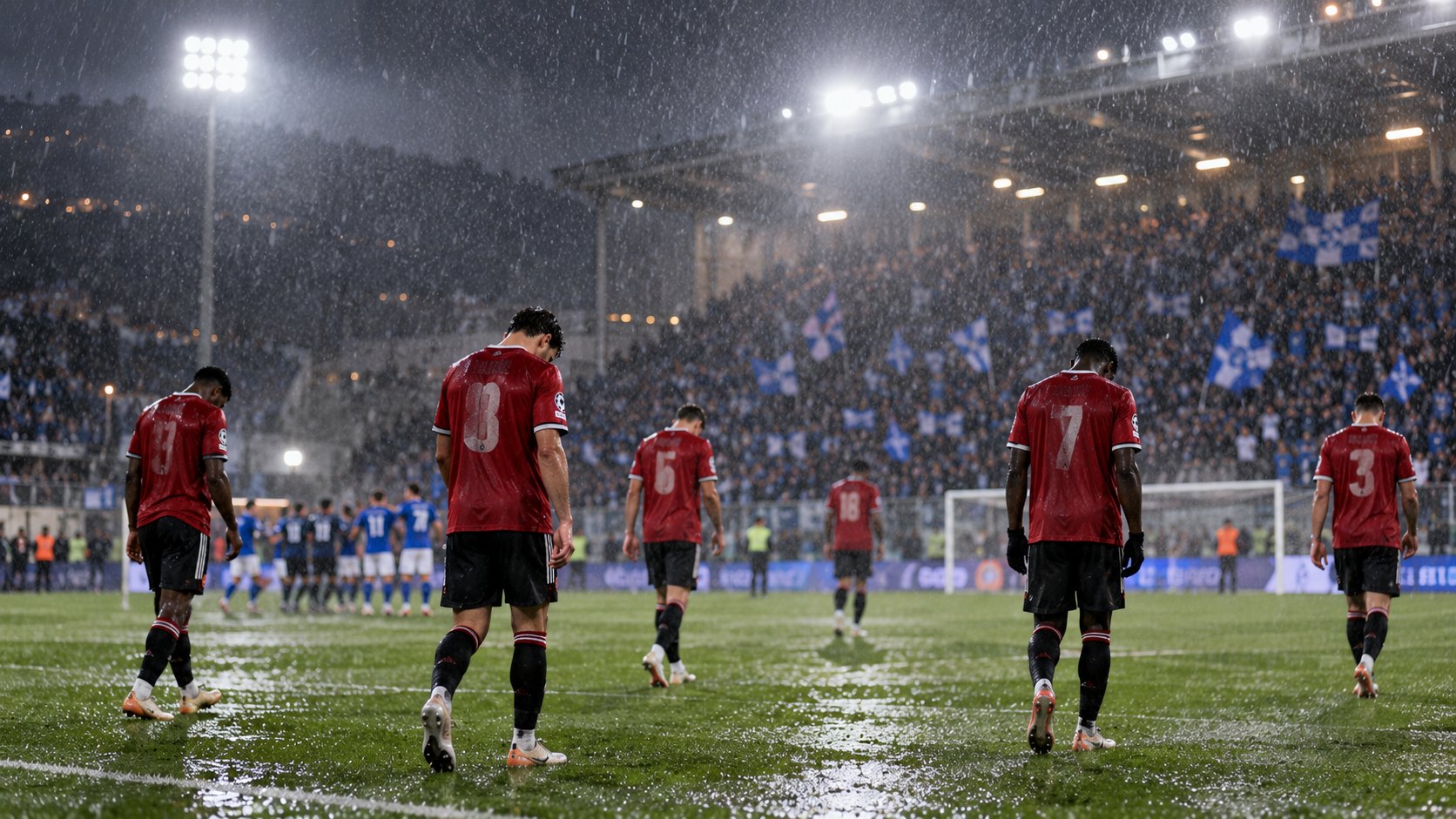Ilustración editorial generada con IA: futbolistas con camiseta roja caminan cabizbajos bajo la lluvia sobre el césped mojado mientras la tribuna local festeja al fondo; composición conceptual, no muestra a jugadores reales ni es una fotografía del partido.