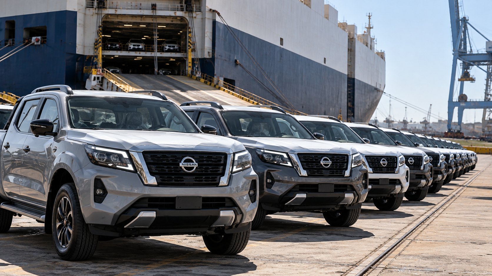 Ilustración editorial generada con IA: una fila de pick-ups Nissan Frontier nuevas alineadas en la playa de una terminal portuaria junto a un buque de transporte de autos con la rampa baja; composición conceptual, no es una fotografía de una importación real.