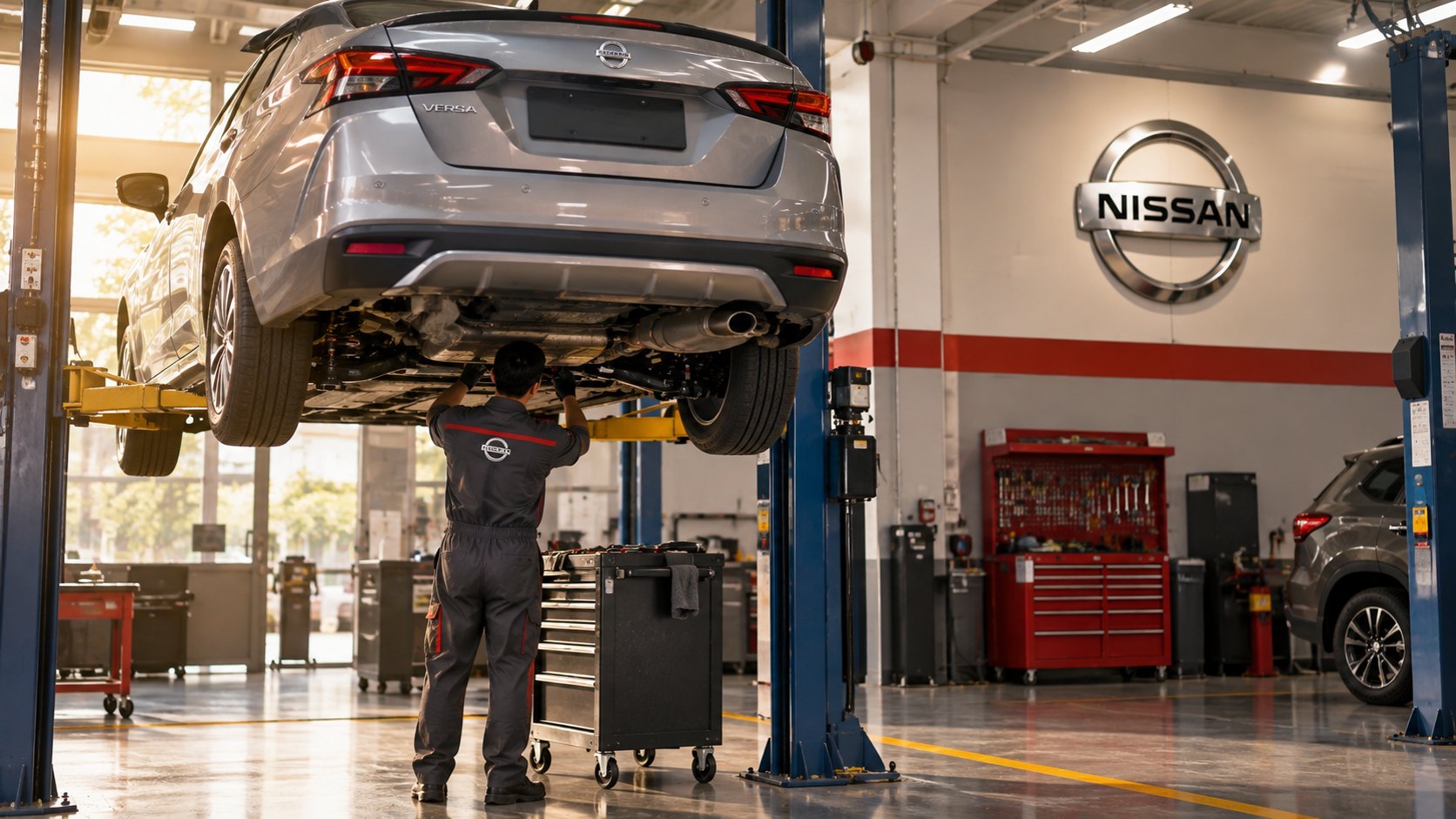 Ilustración editorial generada con IA: un mecánico de espaldas revisa un sedán Nissan Versa sobre un elevador en un taller de posventa, con el logo de Nissan en la pared del fondo; composición conceptual, no es una fotografía de un taller real de la red de concesionarios.