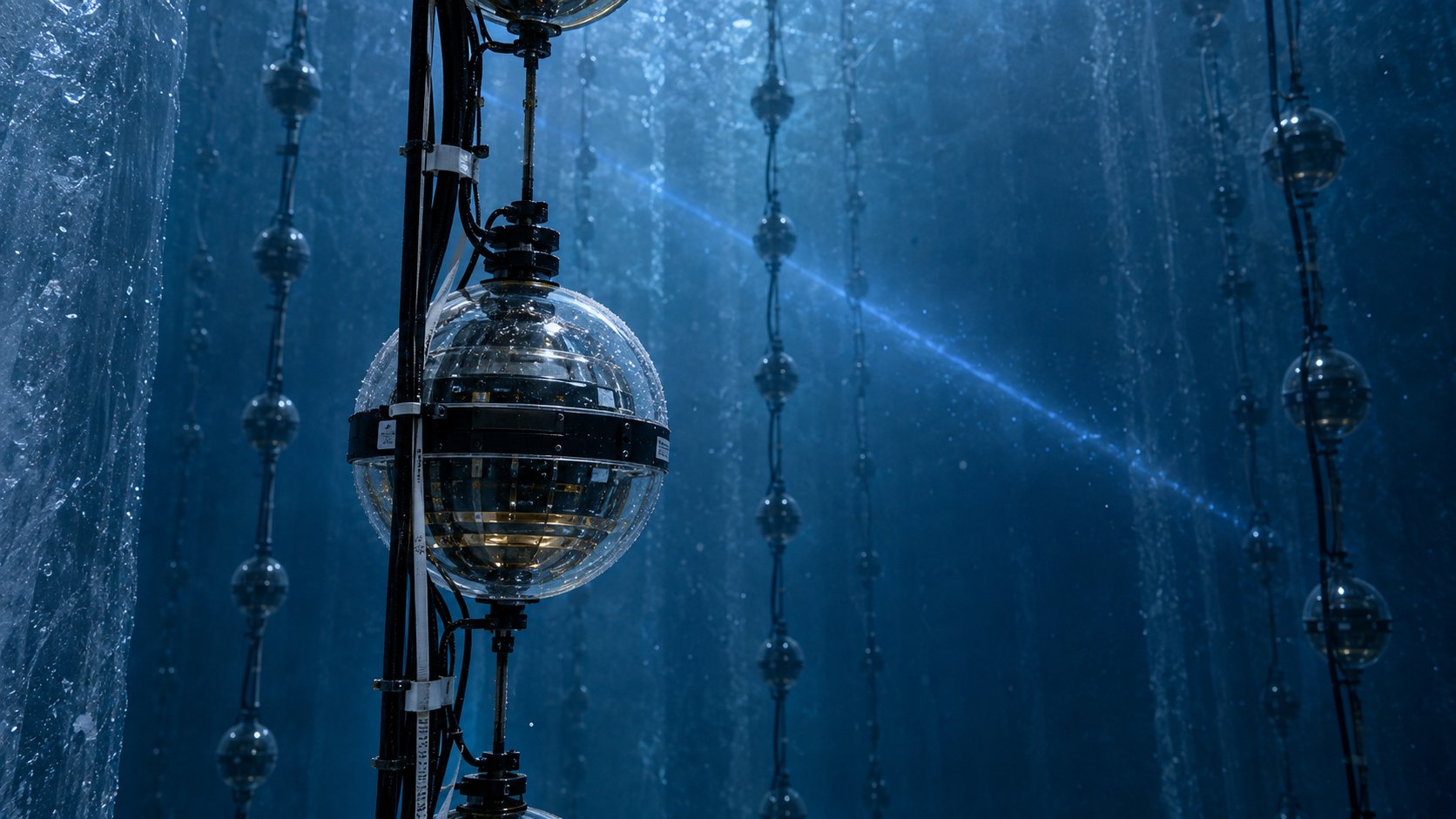 Ilustración editorial generada con IA: sensores esféricos de luz colgados en cadenas dentro del hielo antártico profundo, atravesado por un tenue destello azul; representación conceptual de la detección de un neutrino, no es una fotografía real.
