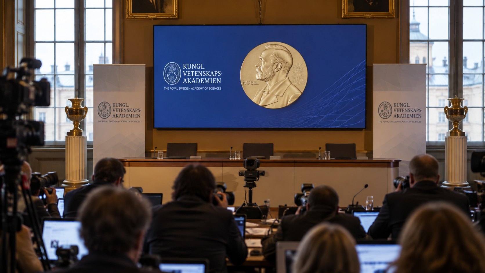Ilustración editorial generada con IA: periodistas de espaldas frente al estrado de la Real Academia Sueca de Ciencias en Estocolmo, con una pantalla que muestra la medalla del Nobel; composición conceptual, no es una fotografía del anuncio.