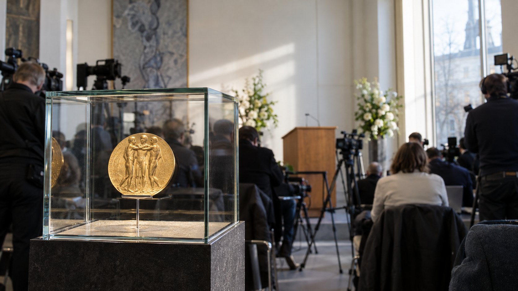 Ilustración editorial generada con IA: periodistas y camarógrafos de espaldas frente a un atril en una sala como la del Instituto Nobel Noruego en Oslo, a la espera del anuncio del Nobel de la Paz; composición conceptual, no es una fotografía del anuncio real.