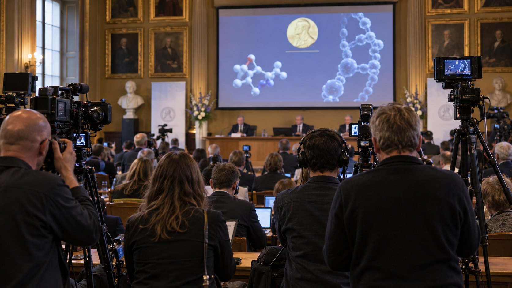 Ilustración editorial generada con IA: periodistas y camarógrafos de espaldas en la sala de sesiones de la Real Academia Sueca de Ciencias, frente a una pantalla con la medalla del Nobel y modelos moleculares; composición conceptual, no es una fotografía del anuncio real.