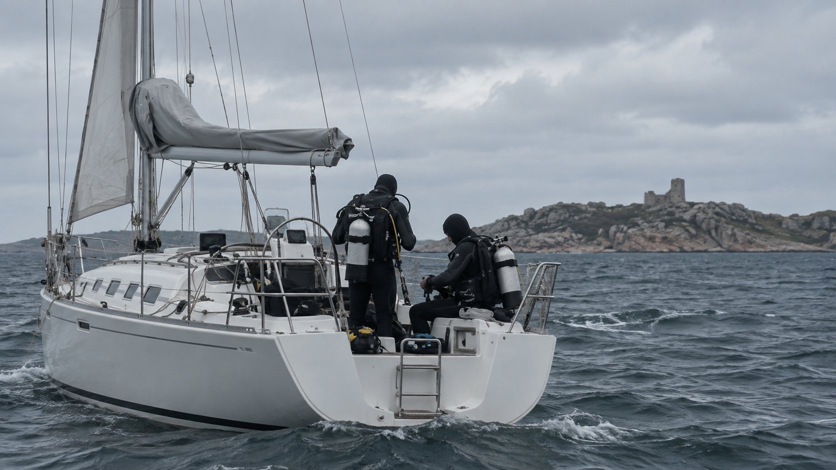 Ilustración editorial generada con IA: un velero blanco navega por el mar Báltico bajo un cielo nublado mientras dos buzos con trajes de neopreno revisan su equipo en la popa, con una costa rocosa al fondo; composición representativa, no es una fotografía del grupo acusado ni de la operación de 2022.