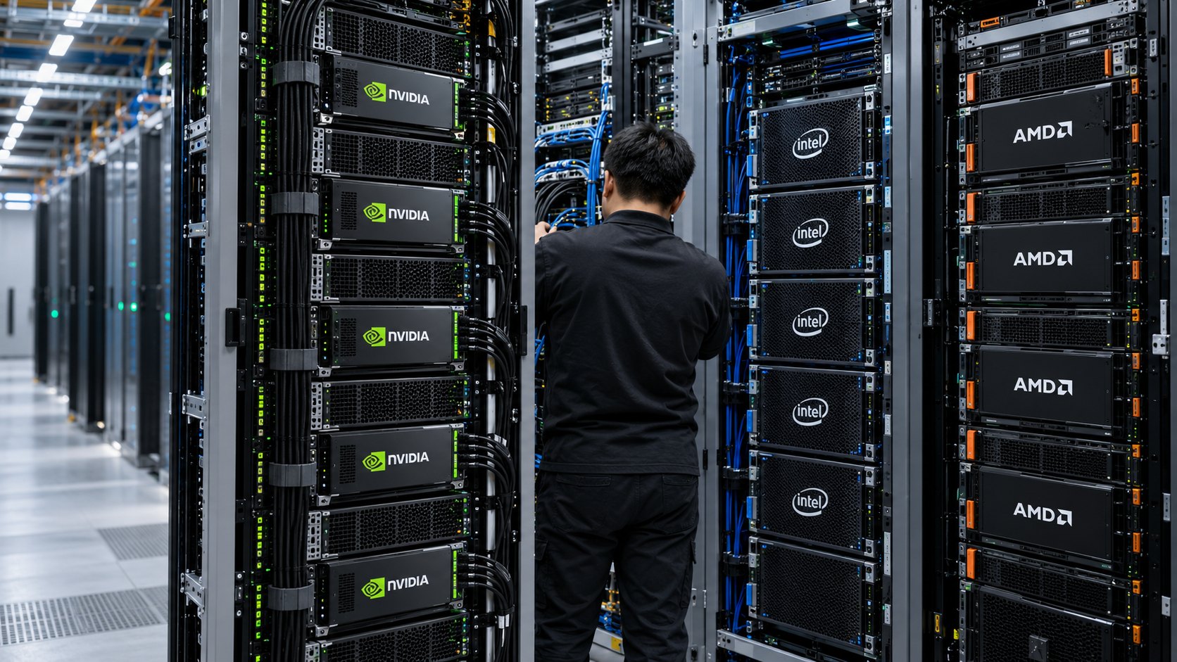 Ilustración editorial generada con IA: un técnico de espaldas revisa cables entre racks de servidores con los logos de Nvidia, Intel y AMD en un centro de datos; composición conceptual de una flota mixta, no es una fotografía de un sitio real.