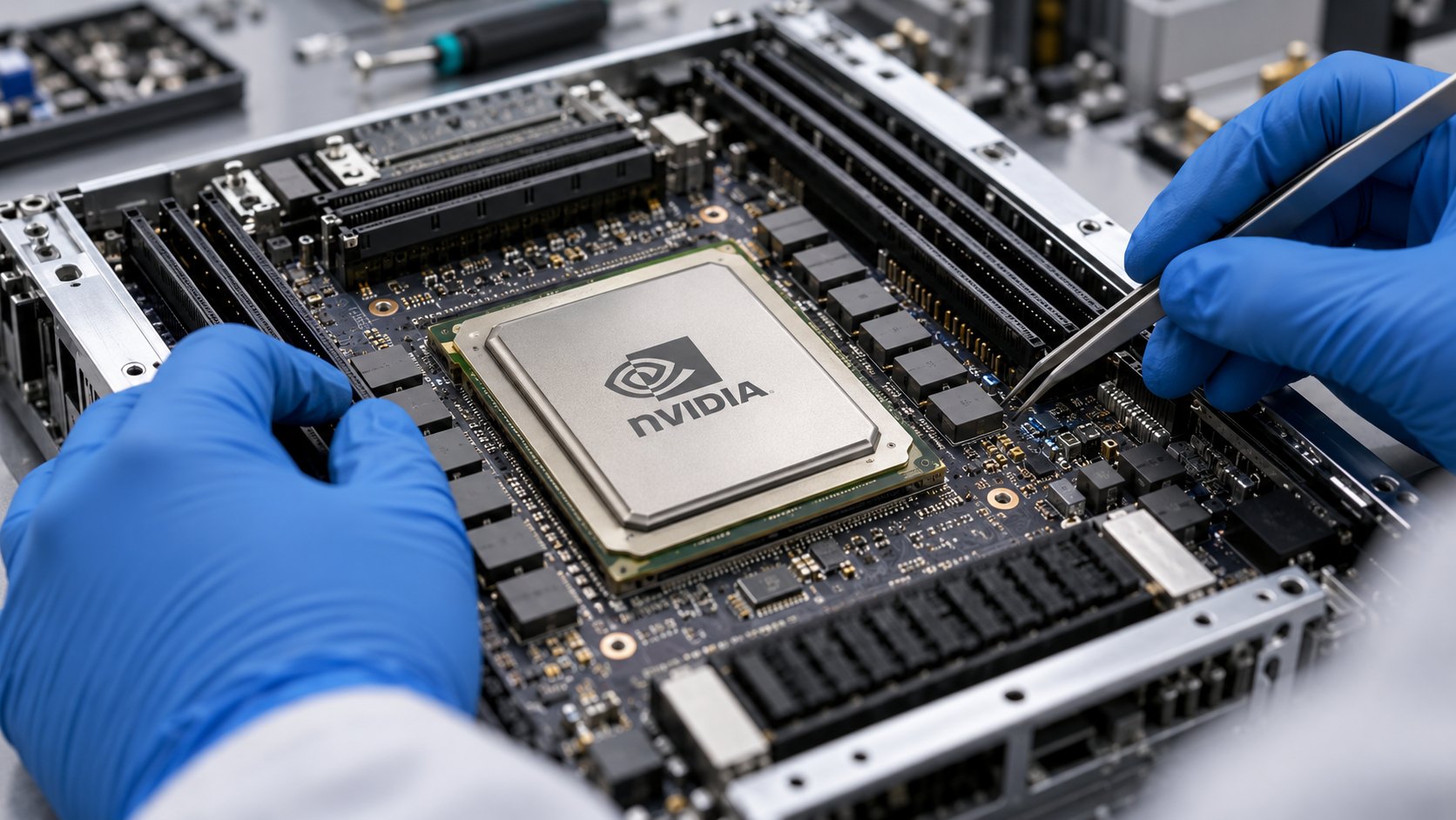 Ilustración editorial generada con IA: manos con guantes manipulan una placa de servidor con un procesador que lleva grabado el logo de Nvidia, sobre una mesa de laboratorio; composición conceptual, no es una fotografía del chip Vera.
