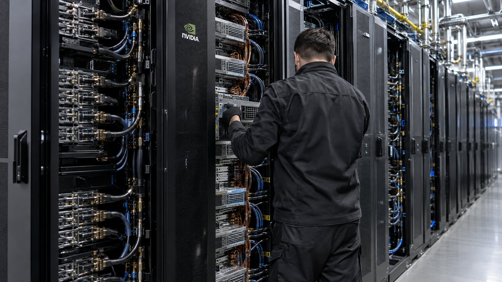 Ilustración editorial generada con IA: un técnico de espaldas revisa una bandeja de cómputo en un pasillo de racks Nvidia GB300 con refrigeración líquida; composición conceptual, no es una fotografía de una instalación de Reflection.
