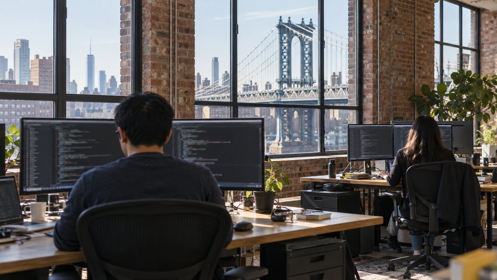 Ilustración editorial generada con IA: dos programadores de espaldas frente a monitores con código en una oficina de ladrillo de Brooklyn con vista a Nueva York; composición conceptual, no es una fotografía de las oficinas de Reflection.