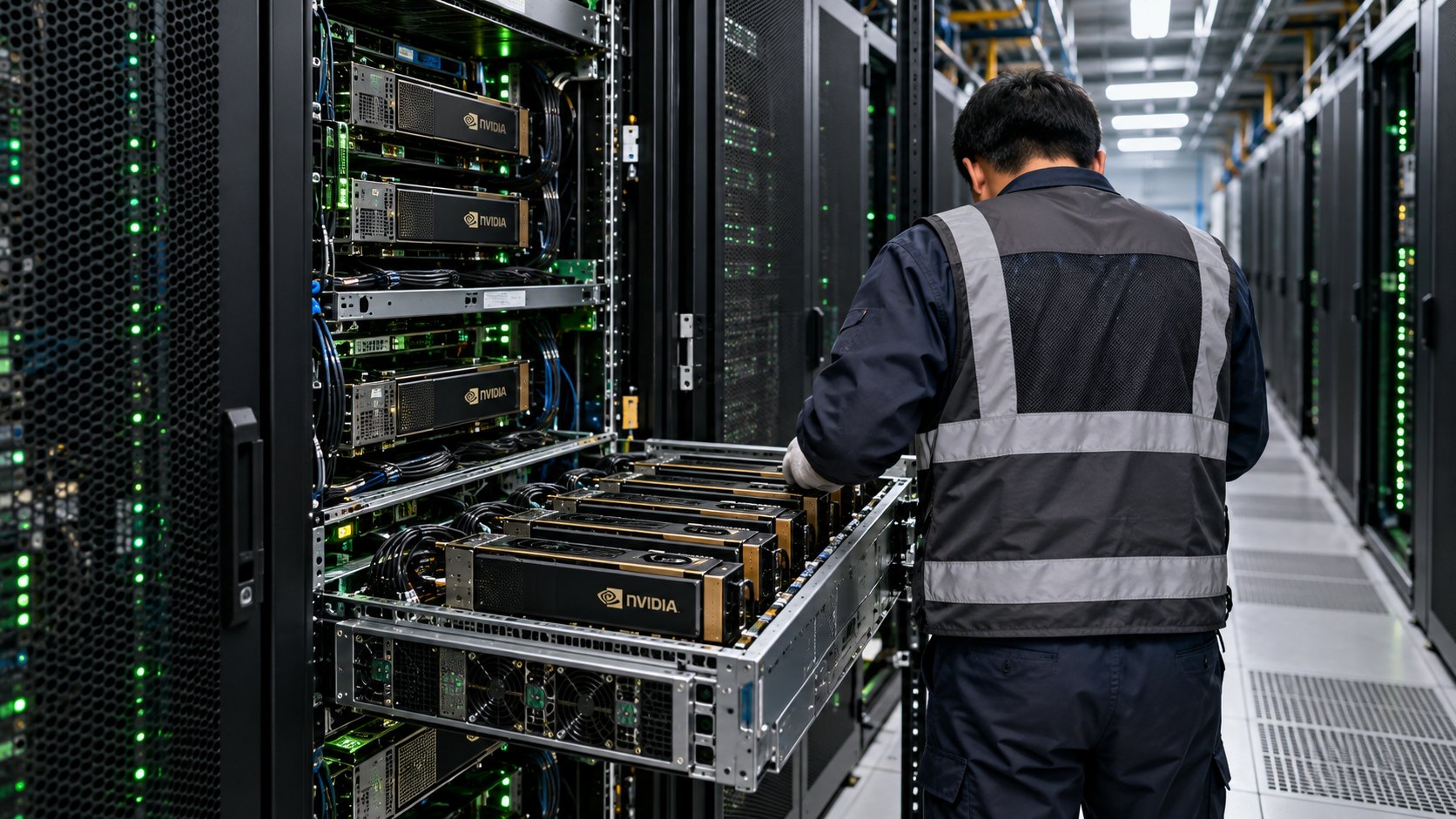 Ilustración editorial generada con IA: un pasillo de un centro de datos con racks de servidores abiertos llenos de tarjetas gráficas NVIDIA y luces verdes, y un técnico de espaldas con chaleco reflectante revisando una bandeja; composición conceptual, no es una fotografía de un centro de datos real en China.