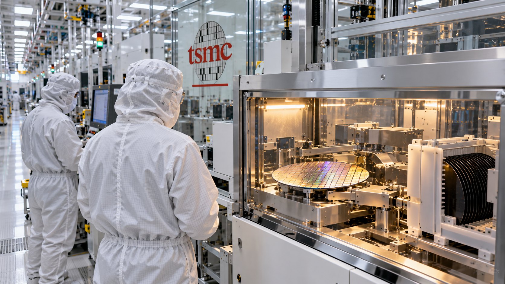 Ilustración editorial generada con IA: una sala limpia de fabricación de semiconductores con operarios de espaldas en trajes blancos junto a una máquina de obleas de silicio y el logo de TSMC en una pared de vidrio; composición conceptual, no es una fotografía de una fábrica real.