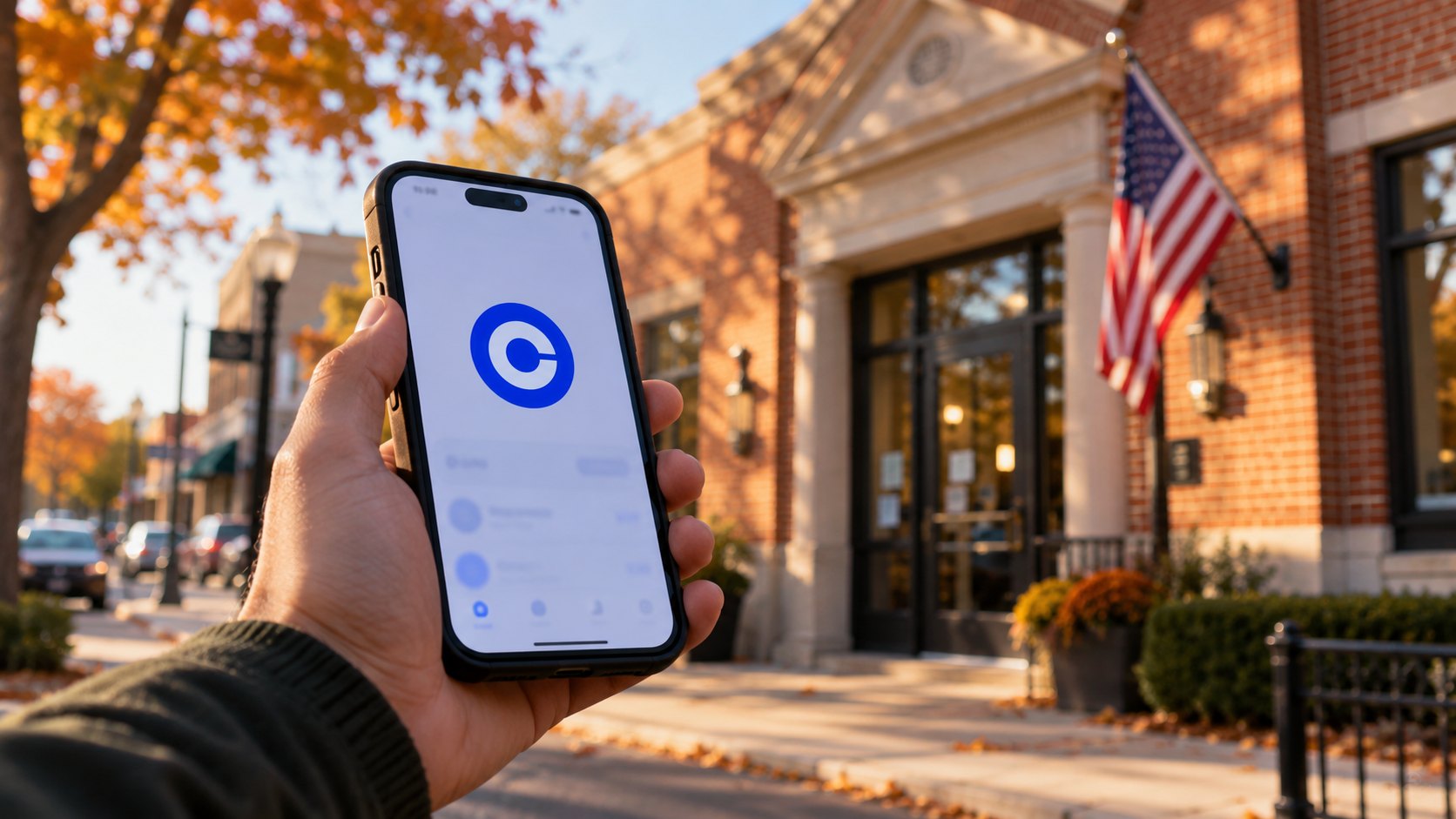 Ilustración editorial generada con IA: una mano anónima sostiene un celular con la aplicación de Coinbase abierta y, detrás y desenfocada, la fachada de ladrillo de la sucursal de un banco en la calle principal de un pueblo de Estados Unidos, con una bandera estadounidense y árboles otoñales; composición conceptual, no es una fotografía de un hecho real.