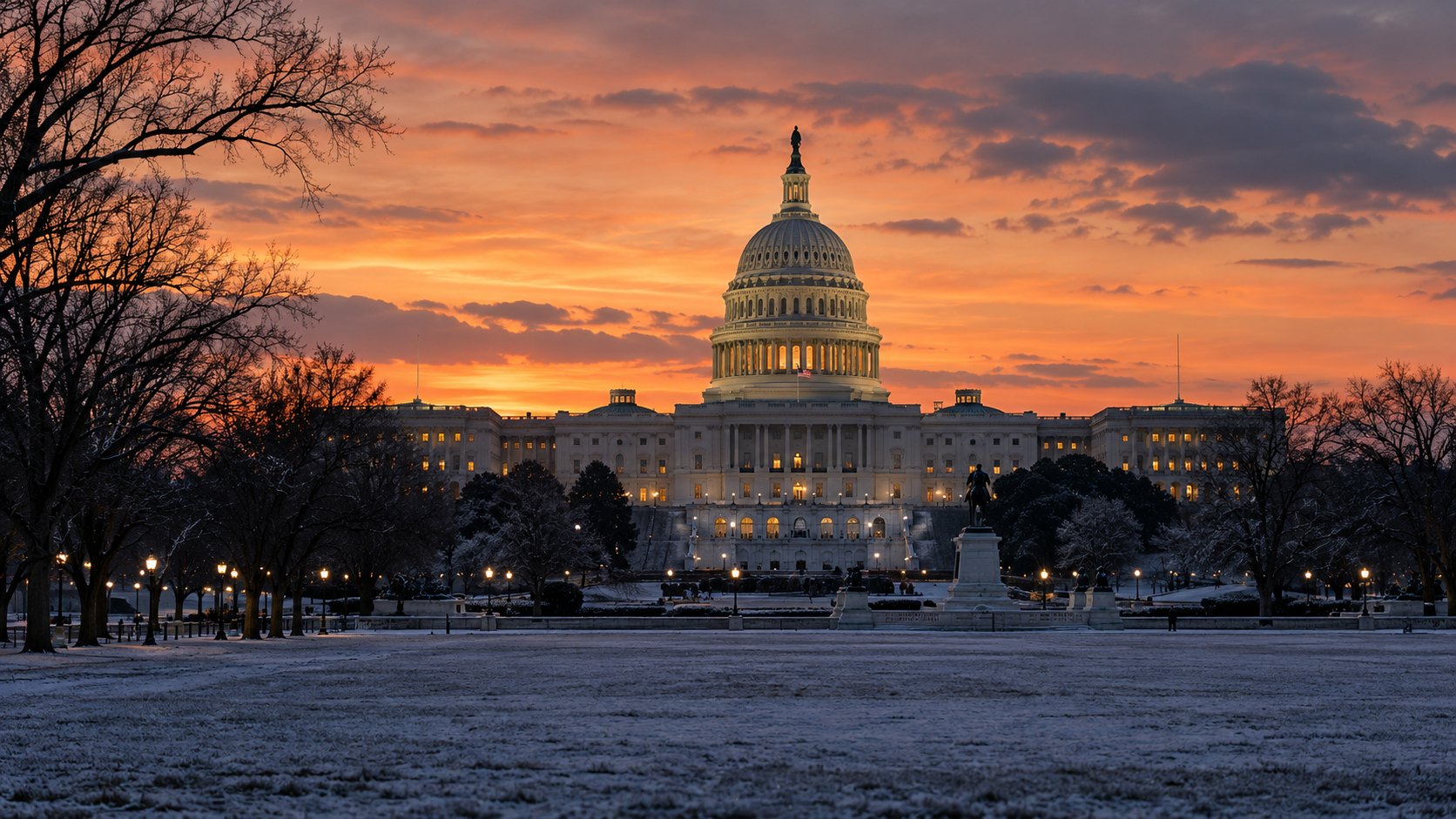 Ilustración editorial generada con IA: el Capitolio de Estados Unidos en Washington visto desde el National Mall al atardecer de invierno, con la cúpula iluminada, árboles sin hojas y escarcha en el césped; composición conceptual, no es una fotografía de un hecho real.