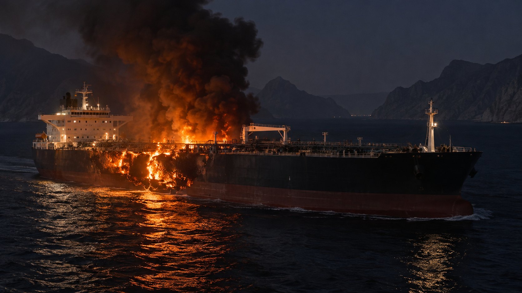Ilustración editorial generada con IA: de noche, un petrolero navega con un incendio en el costado y humo negro frente a costas montañosas; composición conceptual, no es una fotografía del buque alcanzado en Ormuz.