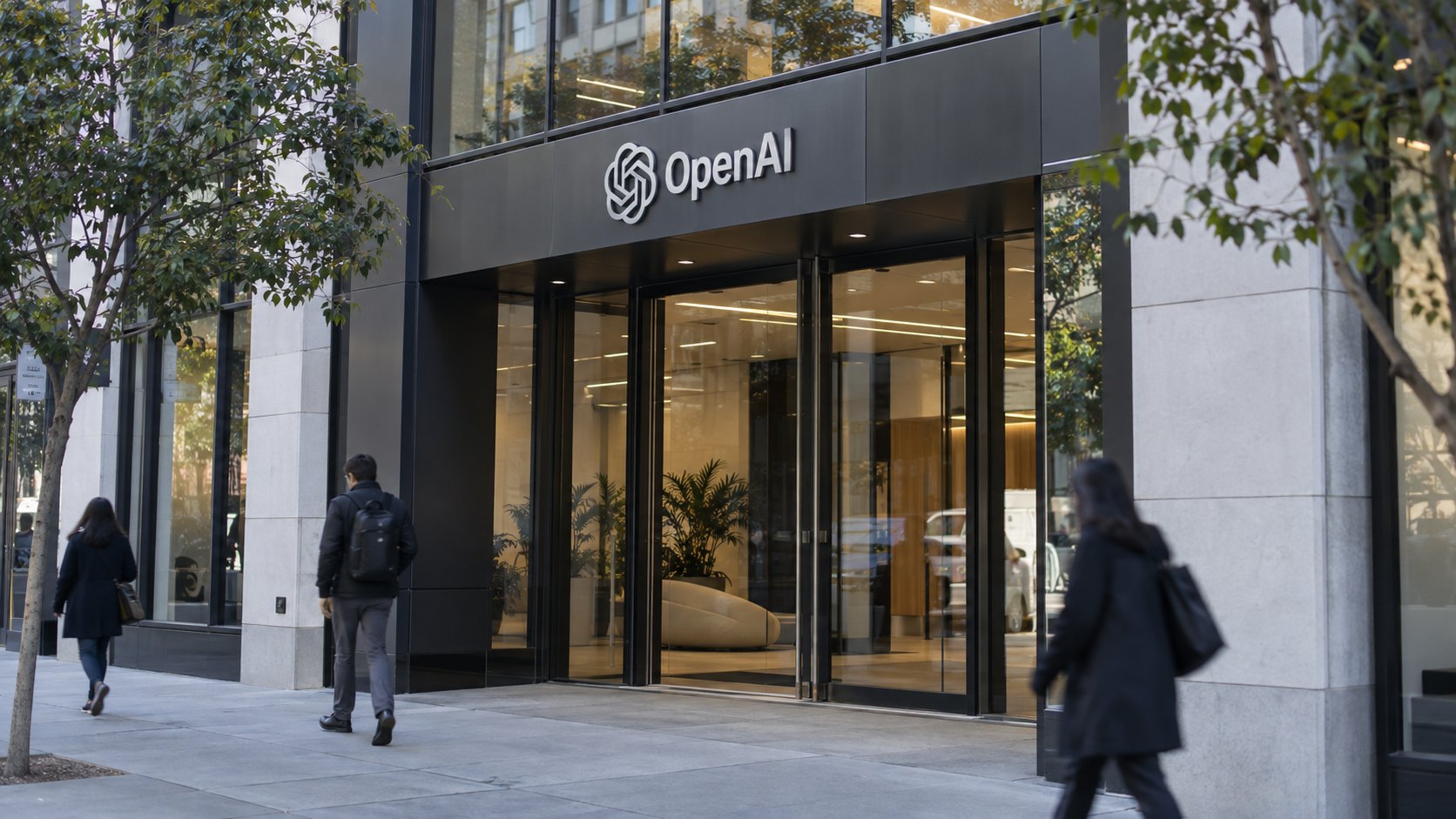 Ilustración editorial generada con IA: la entrada de unas oficinas de OpenAI en San Francisco con el logo de la empresa sobre las puertas de vidrio y peatones pasando por la vereda; composición conceptual, no es una fotografía del edificio real.