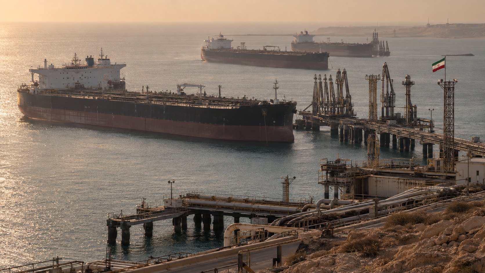 Ilustración editorial generada con IA: petroleros fondeados frente a una terminal petrolera con brazos de carga quietos y una bandera de Irán, en el golfo Pérsico; composición conceptual, no es una fotografía de la isla de Kharg ni de buques reales.