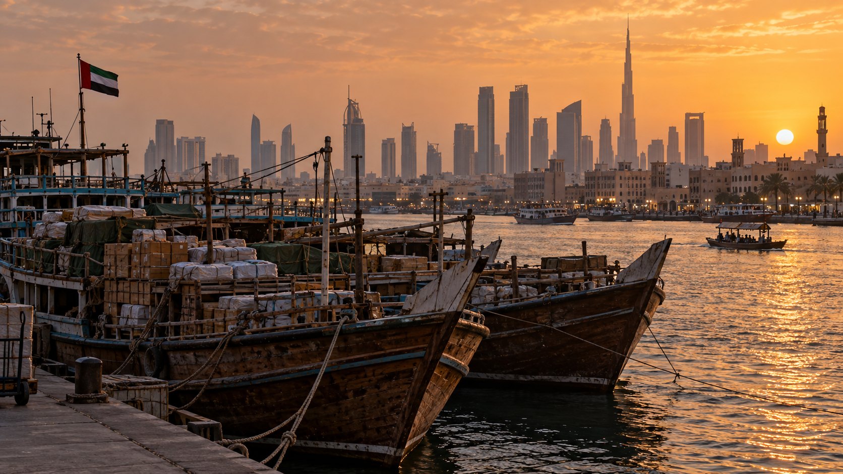Ilustración editorial generada con IA: dhows de madera cargados amarrados en el arroyo de Dubái al atardecer, con torres de oficinas al fondo y una bandera de los Emiratos Árabes Unidos; composición conceptual, no muestra bancos ni operaciones reales.