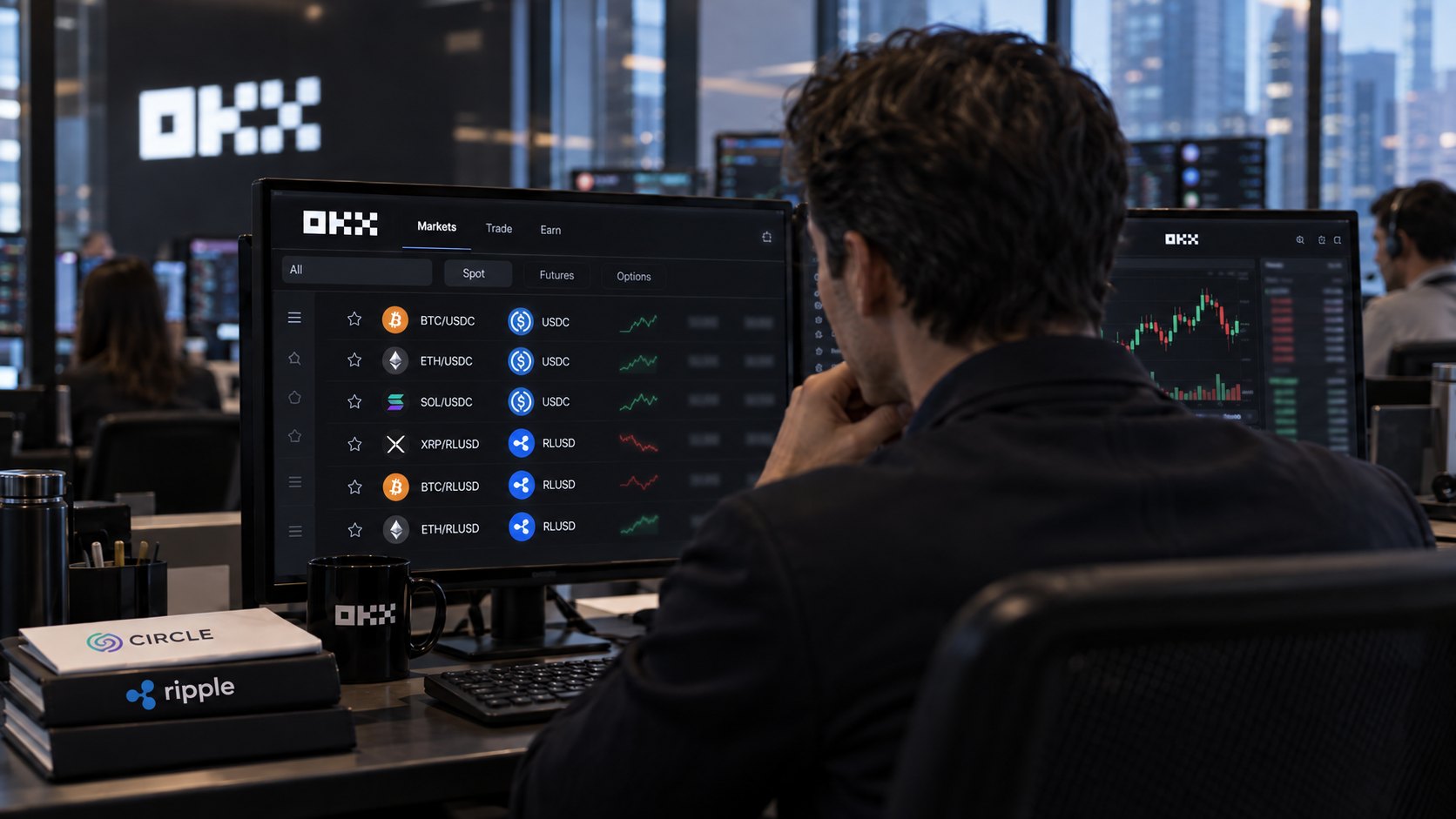 Ilustración editorial generada con IA: un operador de espaldas mira en un monitor la plataforma de OKX con pares de trading en USDC y RLUSD, con libros de Circle y Ripple sobre el escritorio; composición conceptual, no es una captura real de la plataforma.