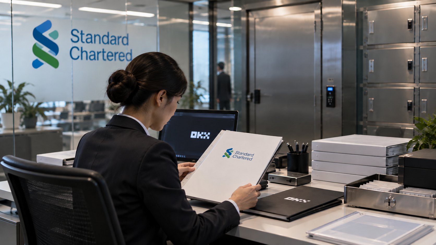 Ilustración editorial generada con IA: una empleada revisa una carpeta con la marca de Standard Chartered en una oficina de custodia con bóveda y cajas de seguridad, junto a un monitor y una carpeta con el logo de OKX; composición conceptual, no es una fotografía de una oficina real.