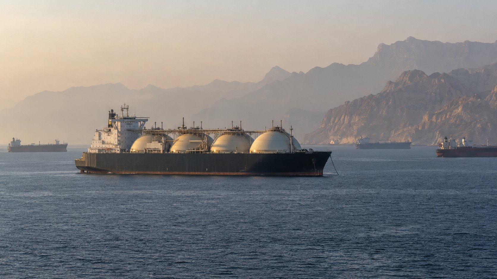 Ilustración editorial generada con IA: un buque metanero de gas natural licuado con sus tanques esféricos fondeado en aguas del estrecho de Ormuz, con otros barcos anclados y montañas costeras al fondo bajo una luz brumosa; composición conceptual, no es una fotografía de un buque real.