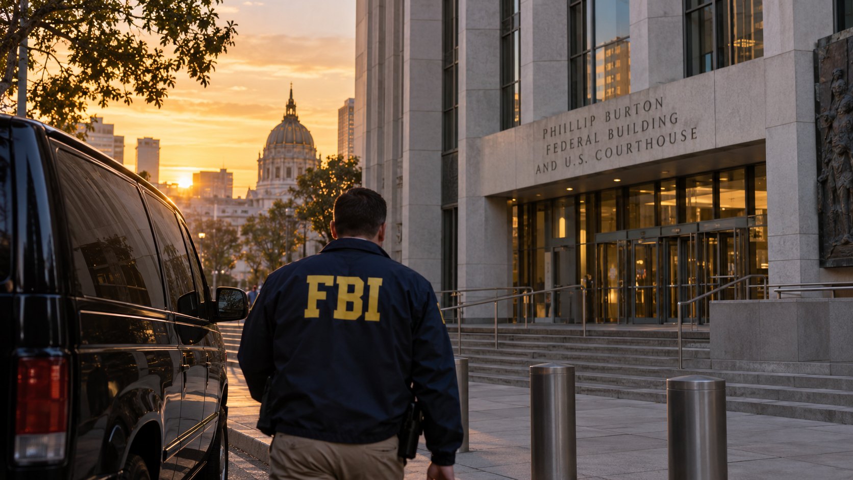 Ilustración editorial generada con IA: un agente del FBI de espaldas, con campera azul, camina junto a una camioneta oscura frente al edificio federal Phillip Burton y la corte federal de San Francisco al atardecer; composición conceptual, no es una fotografía del arresto.