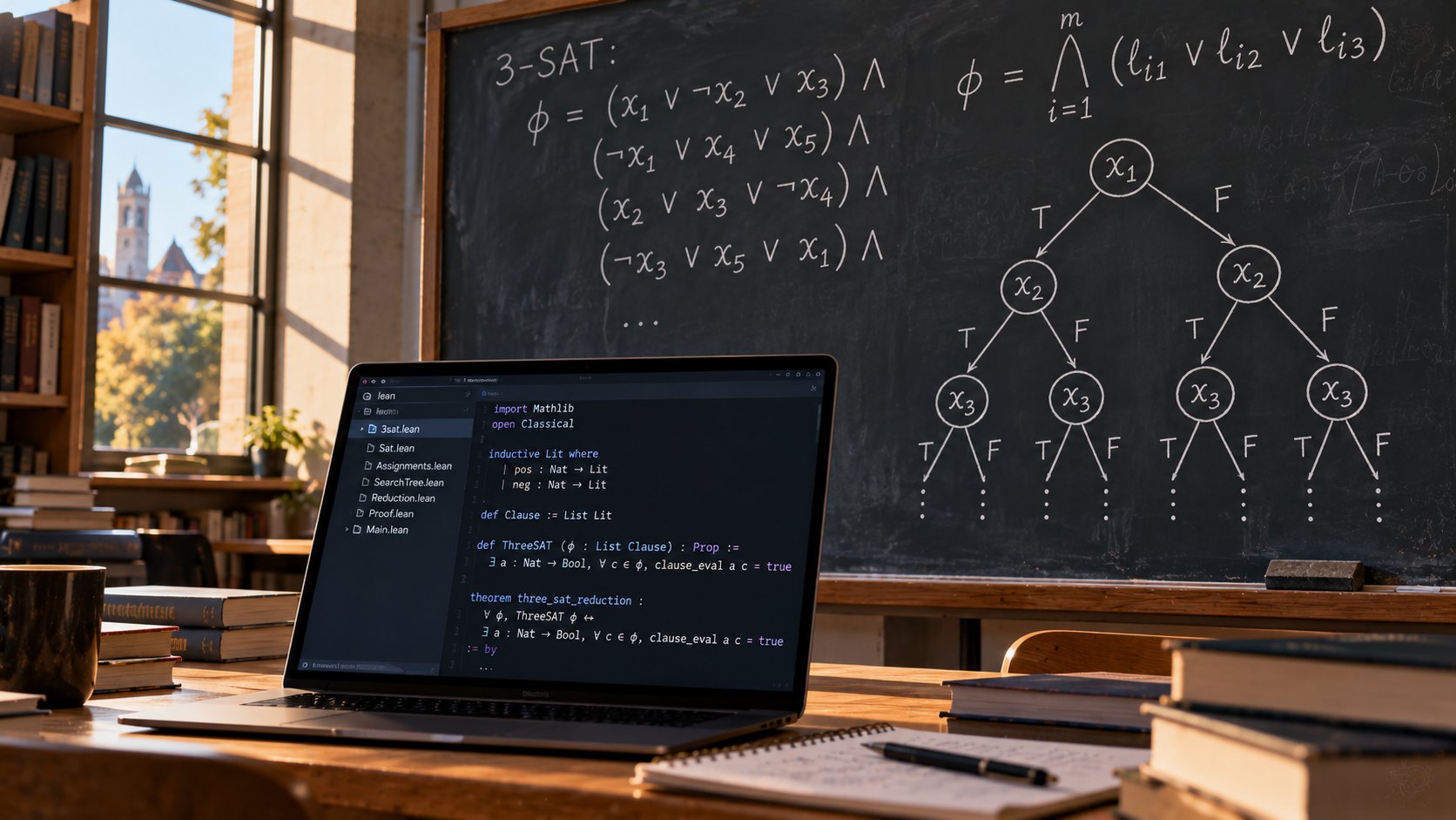 Ilustración editorial generada con IA: un pizarrón universitario con cláusulas lógicas 3-SAT y un árbol de asignaciones verdadero/falso, junto a una laptop con una demostración en Lean; composición conceptual.