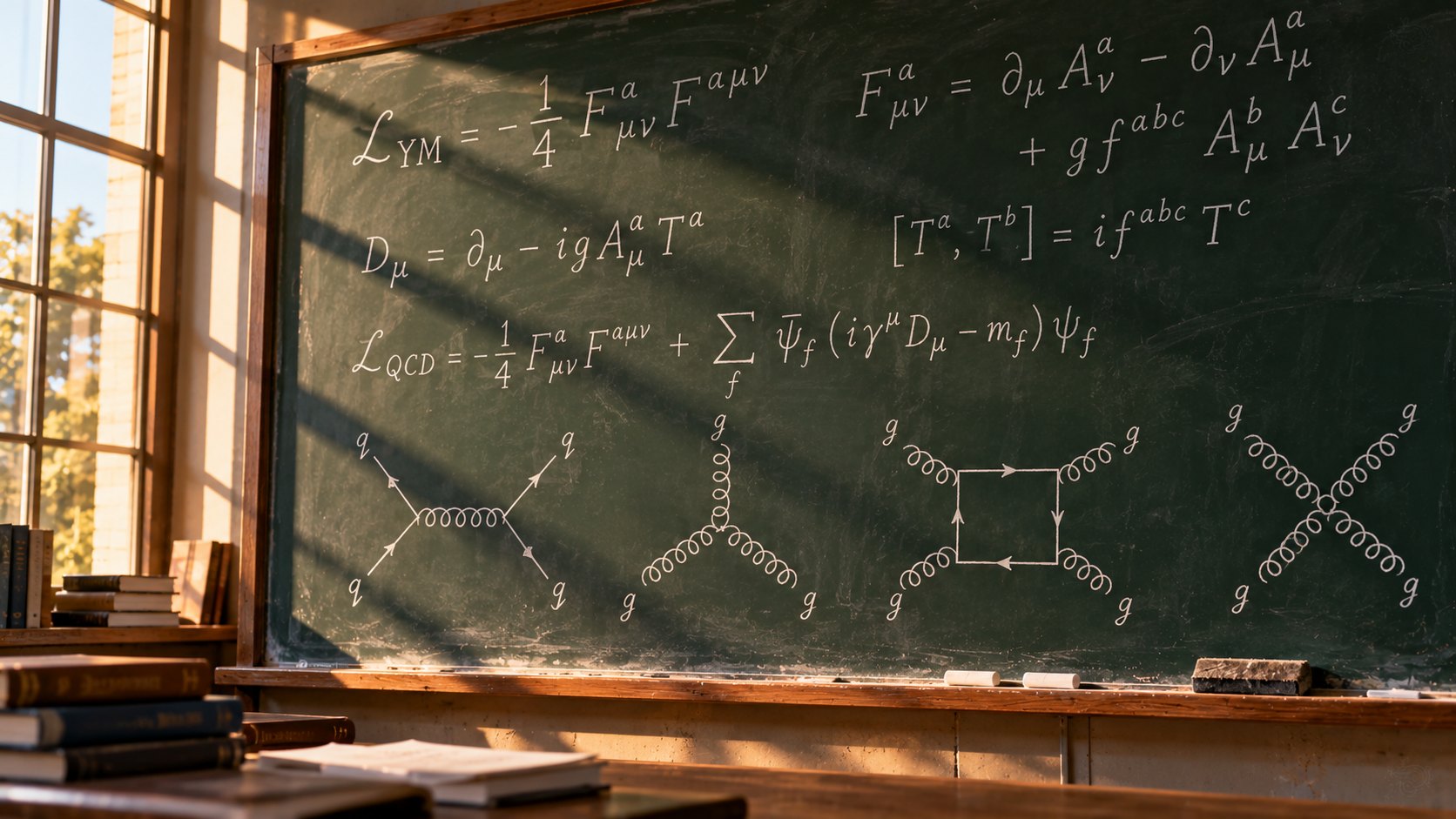 Ilustración editorial generada con IA: un pizarrón de física con ecuaciones de la teoría de Yang-Mills y diagramas de quarks y gluones; composición conceptual, no reproduce la prueba de OpenAI.