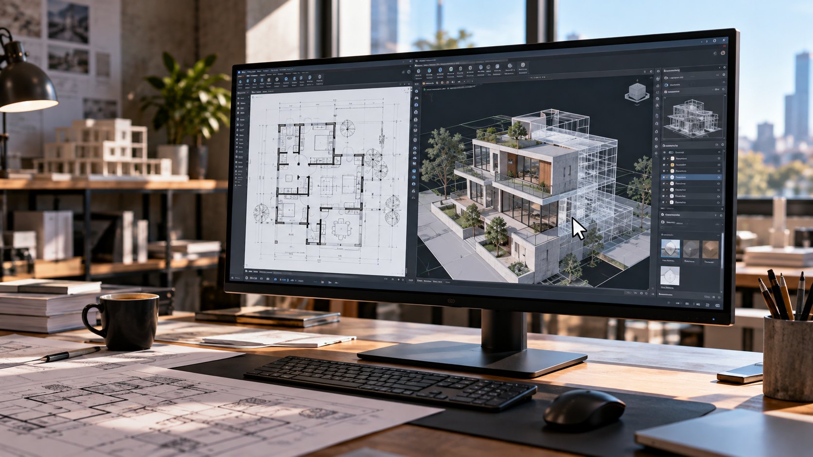Ilustración editorial generada con IA: un monitor en un estudio de arquitectura con un plano técnico y un modelo 3D del edificio armándose en pantalla, el tipo de tarea de uso de la computadora que OpenAI dice que resuelve GPT-6.1 Terra; composición conceptual.