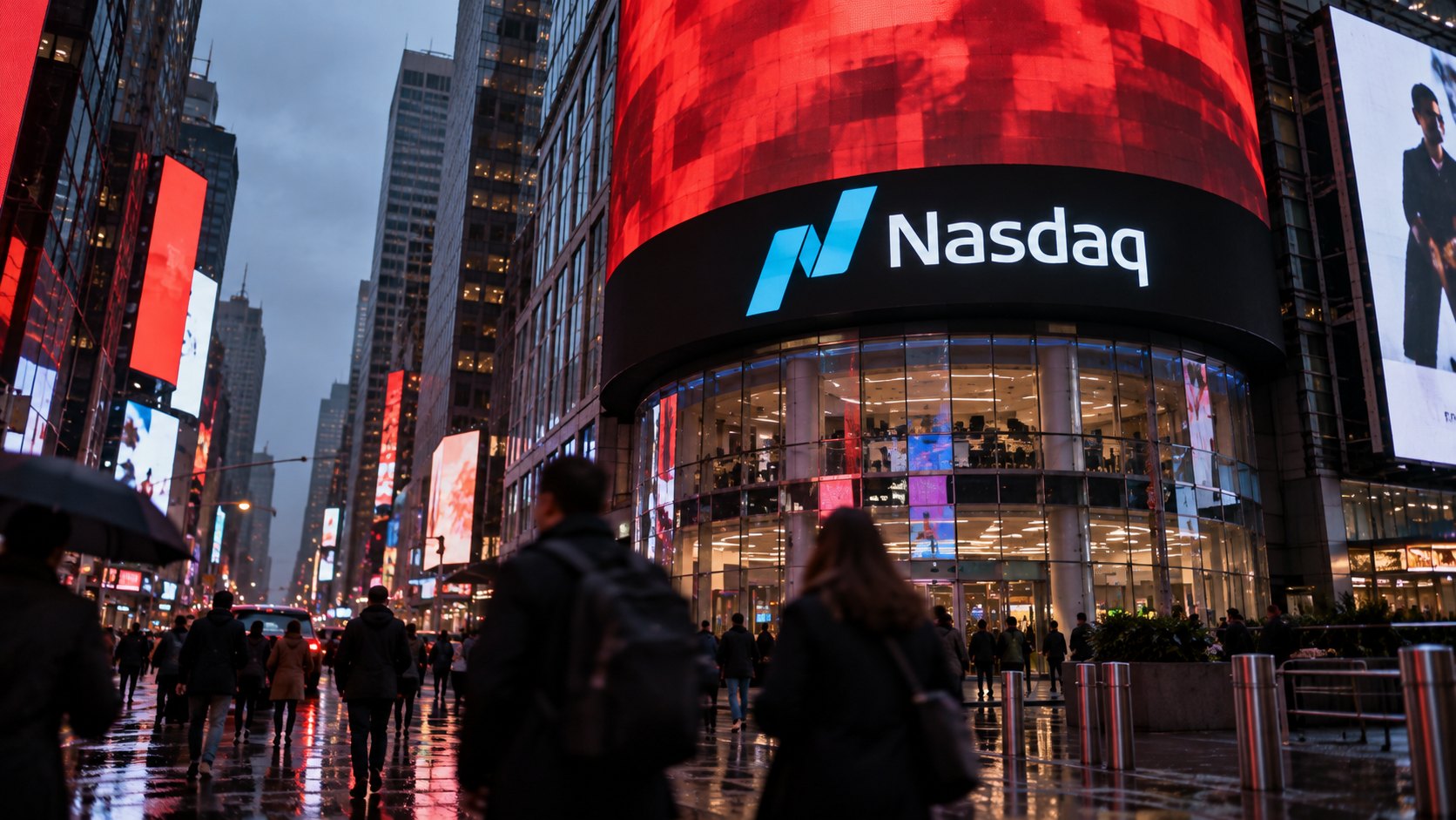 Ilustración editorial generada con IA: la torre del Nasdaq MarketSite en Times Square, Nueva York, con su pantalla curva iluminada en rojo al anochecer y peatones de espaldas en la vereda mojada; composición conceptual, no es una fotografía de la rueda del 30 de octubre.