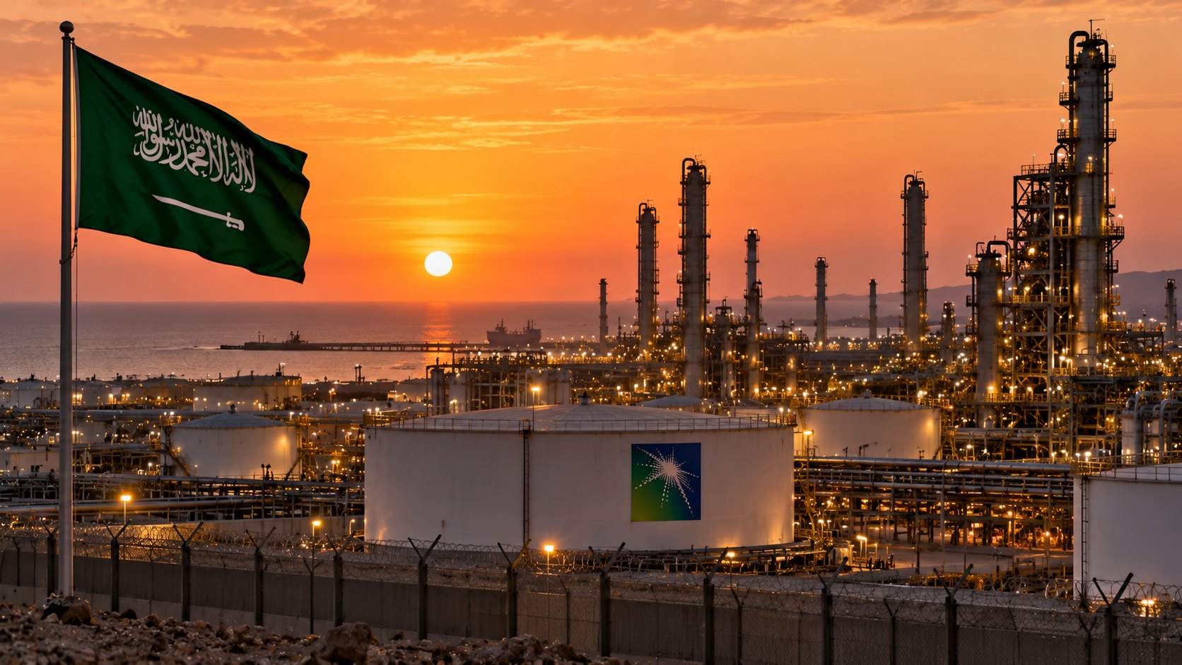 Ilustración editorial generada con IA: una refinería de Saudi Aramco sobre la costa del mar Rojo al atardecer, con tanques, torres de destilación y una bandera de Arabia Saudita en primer plano, sin daños visibles; composición conceptual, no es una fotografía de la refinería de Rabigh ni de los ataques reivindicados.