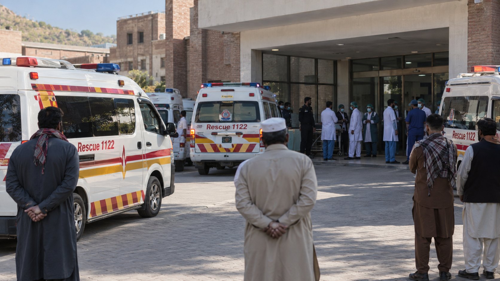 Ilustración editorial generada con IA: ambulancias de Rescue 1122 estacionadas frente a la guardia de un hospital de Peshawar, Pakistán, con personal sanitario esperando en la entrada; composición conceptual, no es una fotografía del hecho real.