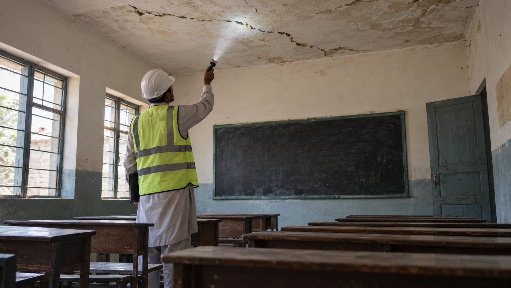 Ilustración editorial generada con IA: un inspector con casco blanco revisa con una linterna las grietas del techo de un aula vacía con pupitres de madera en una escuela de Pakistán; composición conceptual, no es una fotografía del hecho real.