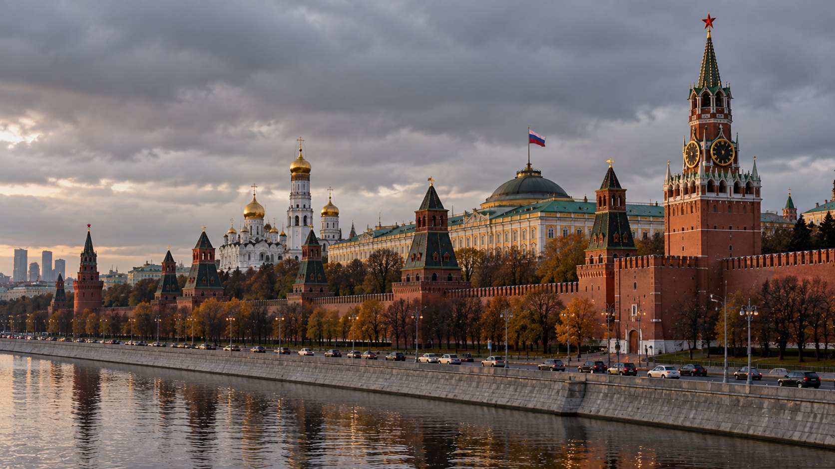 Ilustración editorial generada con IA: las murallas rojas del Kremlin de Moscú y la torre Spásskaya vistas desde el río Moscova en una tarde gris, con la bandera de Rusia sobre la cúpula del Senado; composición conceptual, no es una fotografía del 16 de octubre.