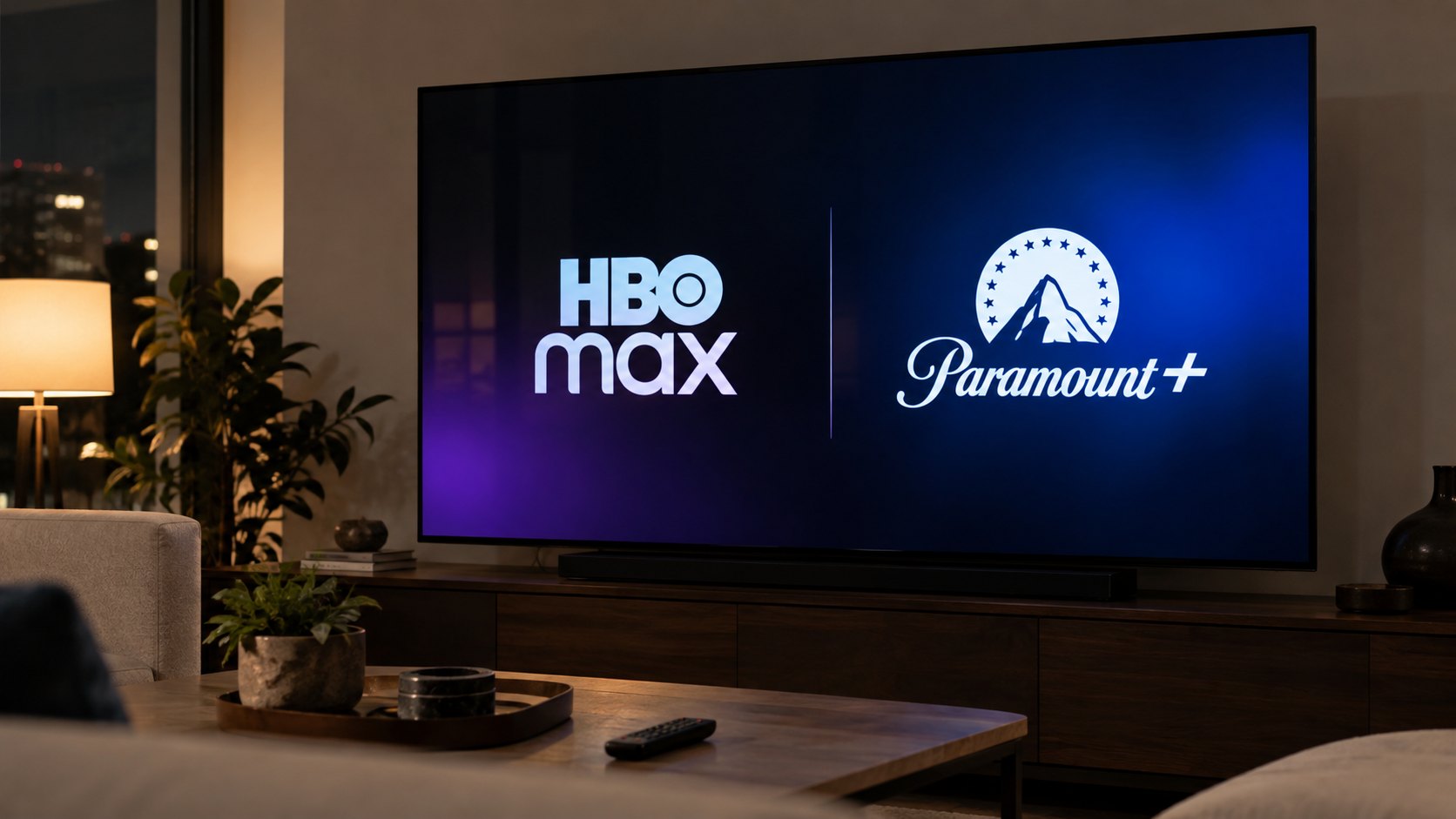 Ilustración editorial generada con IA: un televisor en un living muestra juntos los logos de HBO Max y Paramount+; composición conceptual, no es una captura de las plataformas.