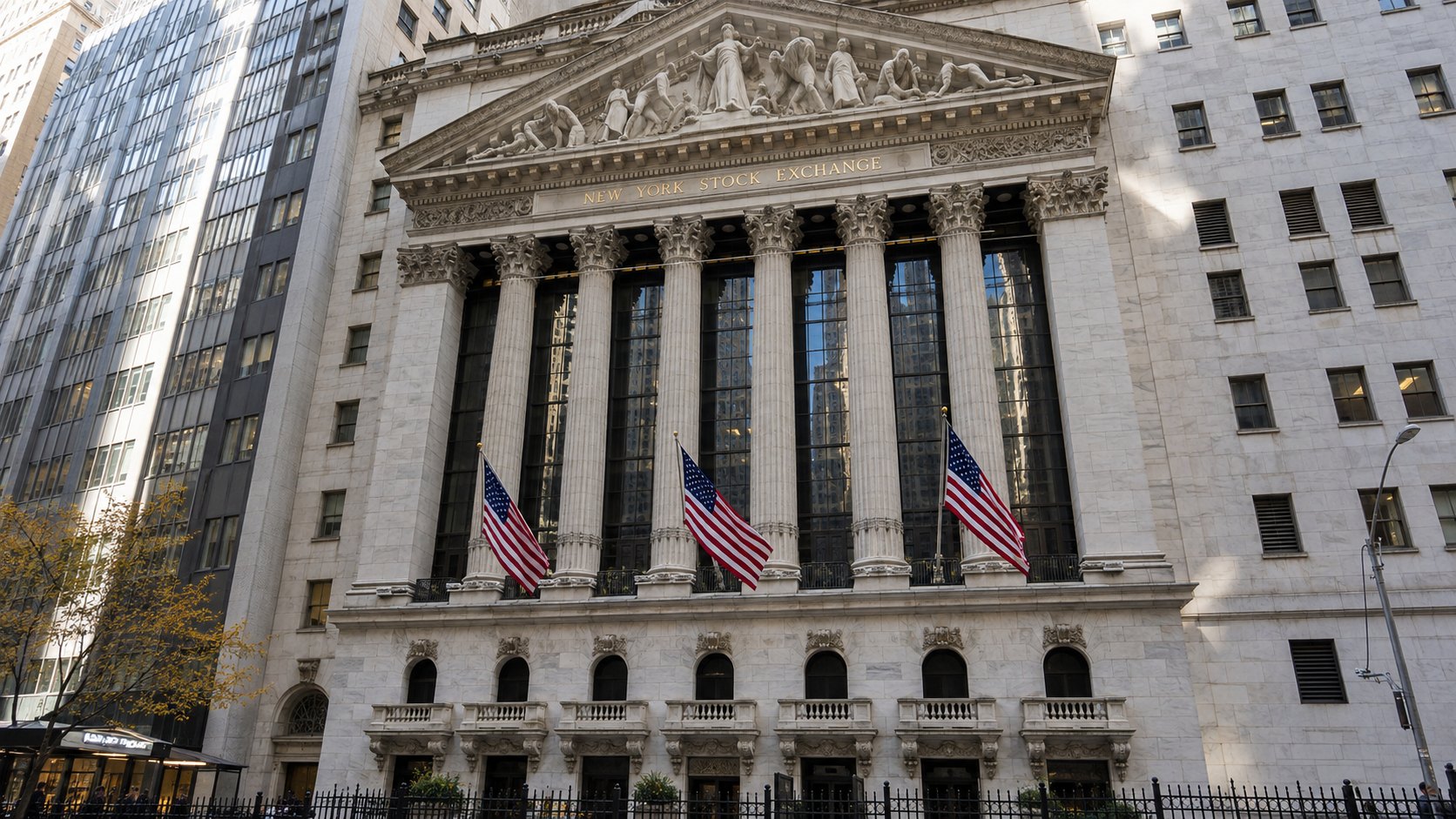 Ilustración editorial generada con IA: la fachada de la Bolsa de Nueva York en Wall Street, con sus columnas y banderas de Estados Unidos; composición conceptual, no es una fotografía del debut de Skydance.