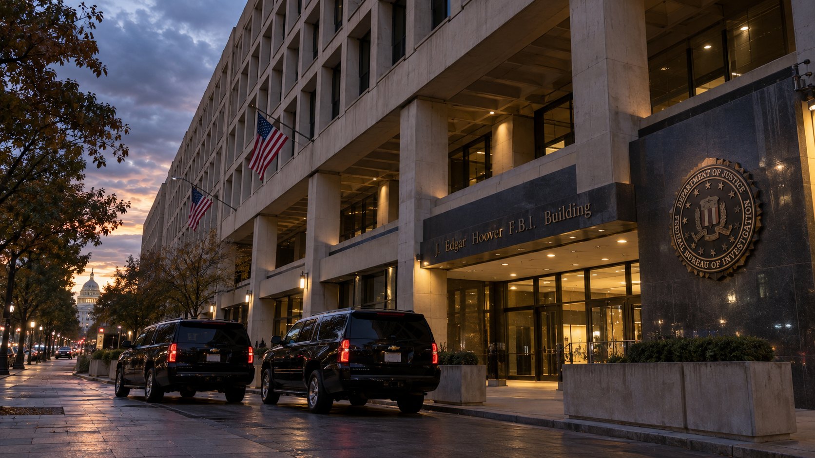 Ilustración editorial generada con IA: la fachada de hormigón del edificio J. Edgar Hoover, sede del FBI en Washington, con el sello del FBI en la entrada, al atardecer; composición conceptual, no es una fotografía del día.