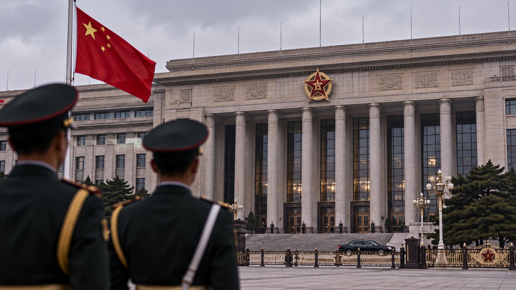 Ilustración editorial generada con IA: dos oficiales del Ejército Popular de Liberación de espaldas frente a un edificio oficial de Pekín con el emblema del ejército y una bandera china; composición conceptual, no es una fotografía documental.