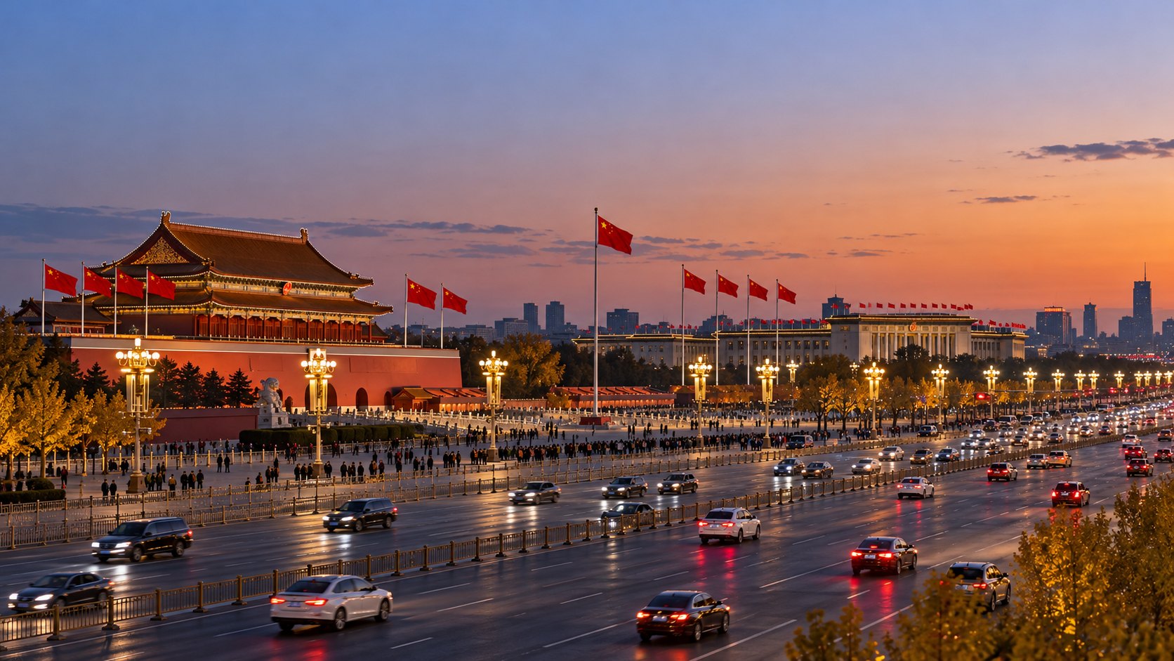 Ilustración editorial generada con IA: la avenida Chang’an y la plaza de Tiananmén en Pekín al atardecer, con tránsito y banderas chinas; composición conceptual, no es una fotografía documental.