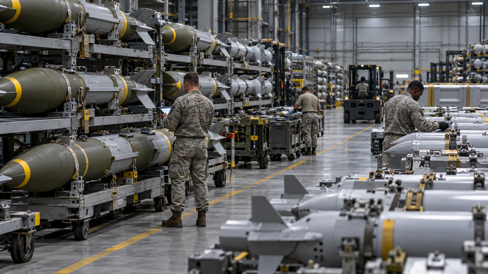 Ilustración editorial generada con IA: técnicos con uniforme de la Fuerza Aérea de Estados Unidos, de espaldas, hacen inventario en un depósito con largas hileras de bombas guiadas y misiles en estanterías; composición conceptual, no es una fotografía de un depósito real.