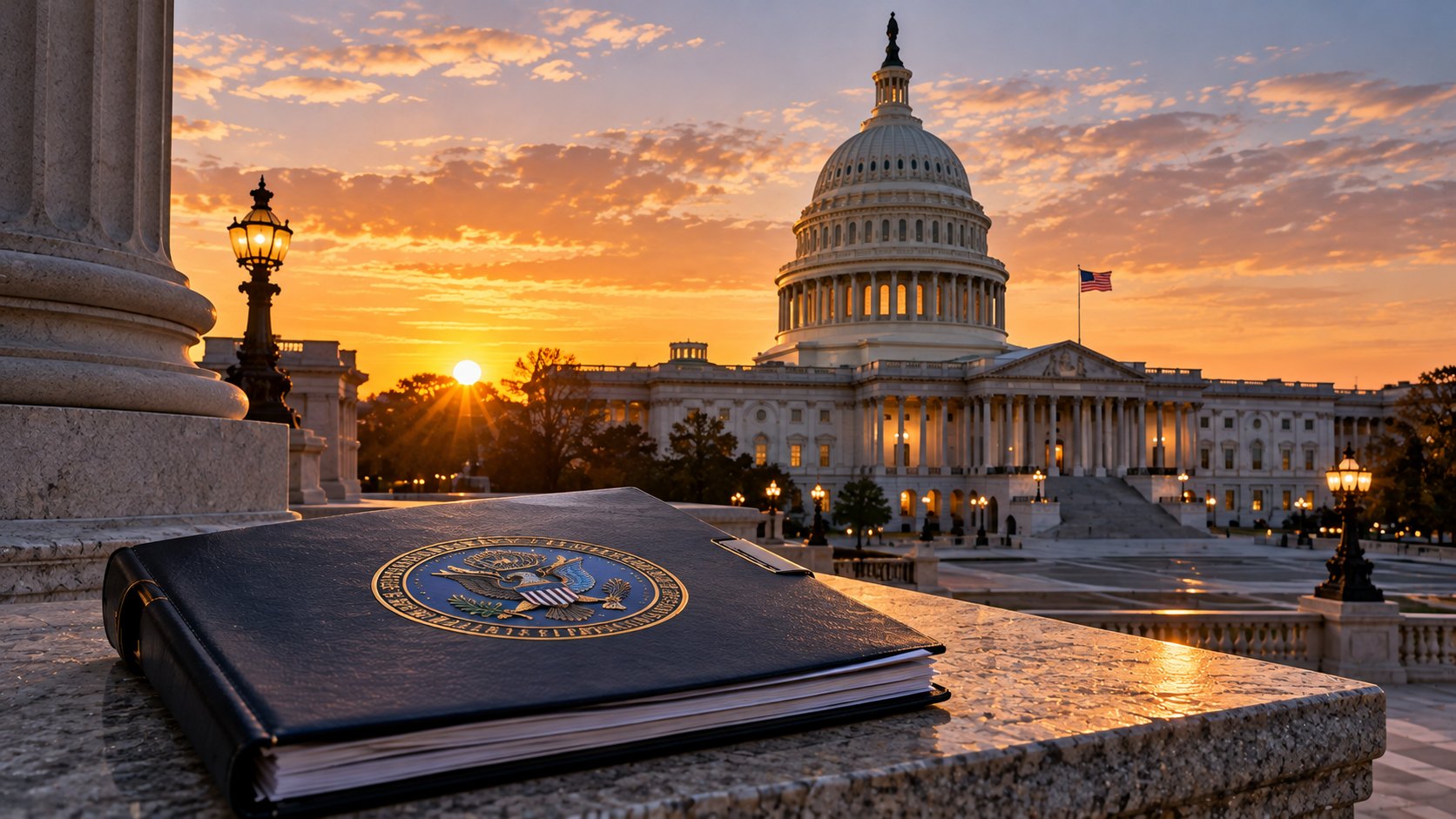Ilustración editorial generada con IA: el Capitolio de Estados Unidos en Washington al amanecer y, en primer plano, una carpeta cerrada con un sello oficial sobre una baranda de piedra; composición conceptual, no es una fotografía de un documento real.