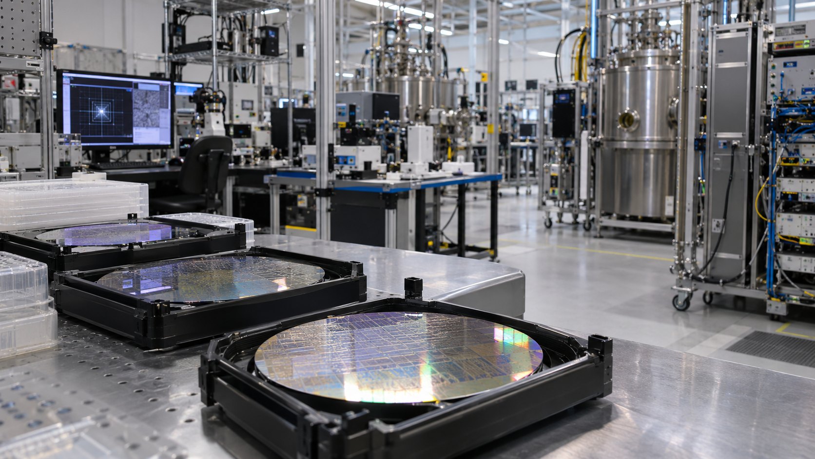 Ilustración editorial generada con IA: obleas de chips de silicio en primer plano dentro de una nave de ensamblaje y prueba con sistemas criogénicos, racks y bancos de laboratorio; composición conceptual, no es una fotografía del centro de PsiQuantum en Milpitas.